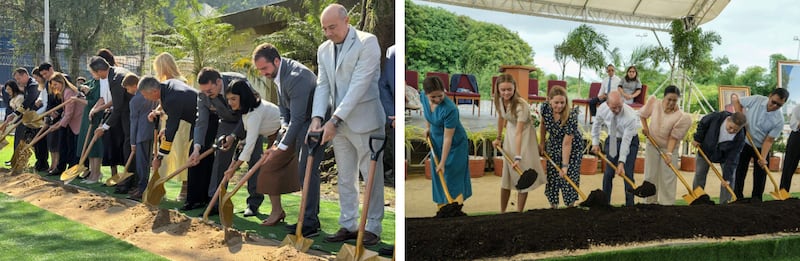 From left to right: Local Church and community members break ground for the Santos Brazil Temple on Saturday, Aug. 1, 2026, in Santos, Brazil; Elder Steven D. Shumway — a General Authority Seventy and member of the Philippines Area presidency, fourth from left — and his wife, Sister Heidi Shumway, third from left, are joined by Naga City Mayor Maria Leonor “Leni” Robredo, fifth from left, and other guests to break ground for the Naga Philippines Temple on Aug. 8, 2026, in Naga City, Philippines.
