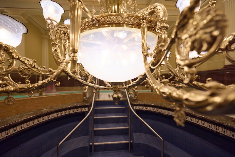 A chandelier hangs above the baptismal font on the east side of the Salt Lake Temple in Salt Lake City on Tuesday, June 23, 2026.