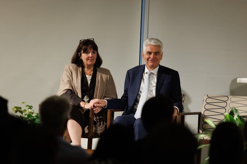 Elder Gérald Caussé of the Quorum of the Twelve Apostles and his wife, Sister Valérie Caussé, sit on the stand at a stewardship symposium at Brigham Young University in Provo, Utah, on Friday, Nov. 14.