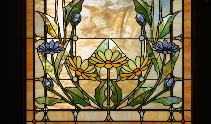 An art-glass window inside the Montpelier Idaho Temple.