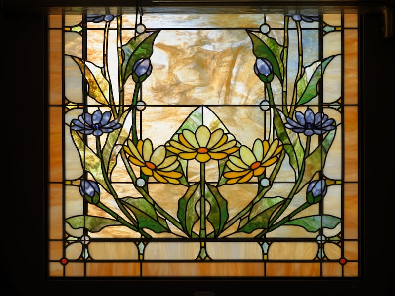 An art-glass window inside the Montpelier Idaho Temple.
