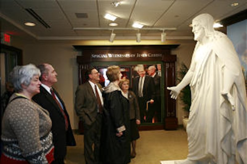 At open house for new Portland Temple Visitors' Center, guests view copy of Thorvaldsen's "Christus"