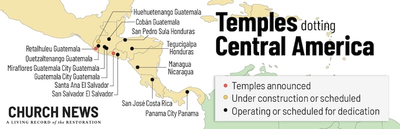 As of October 2026, 13 Latter-day saint temples in Central America are operating, scheduled for dedication, under construction, or in planning and design.