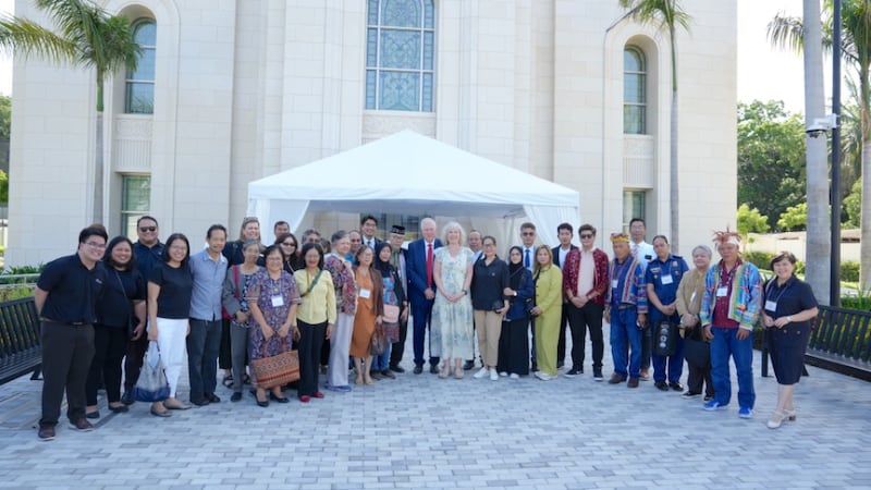 Participants and guests of a religious freedom forum visit the Davao Philippines Temple during its open house in Davao City, Philippines, March 25, 2026.