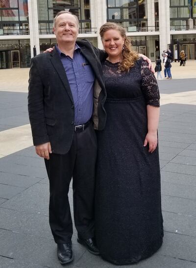 Mary Hoskins and her voice teacher, BYU professor Darrell Babidge, outside New York City’s Metropolitan Opera House.