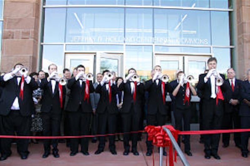 Trumpeters celebrate the new Jeffrey R. Holland Centennial Commons building at Dixie State Universit