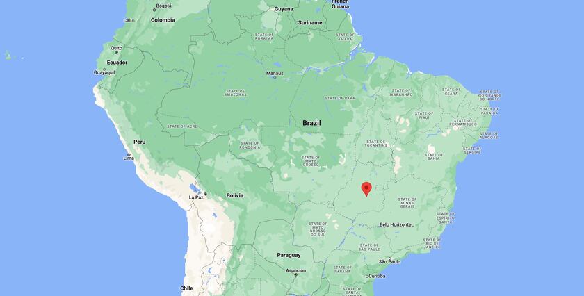 The location of Goiânia, Brazil, in South America.