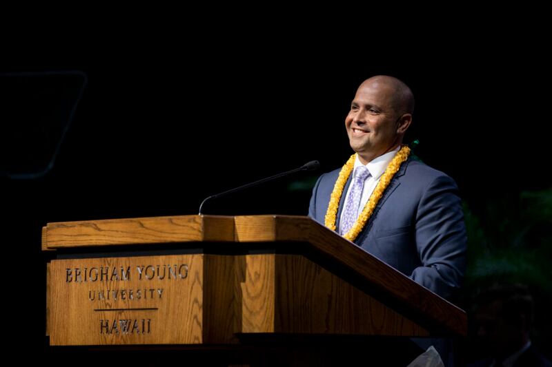 BYU–Hawaii President John S.K. Kauwe III speaks during a BYU–Hawaii devotional in the Cannon Activities Center in Laie, Hawaii, on Tuesday, May 3, 2022.