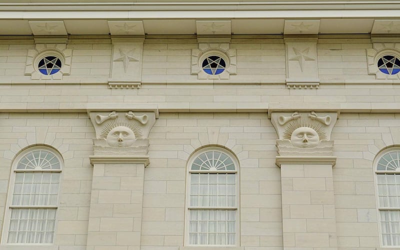 Sunstones are visible on the walls of the Nauvoo Illinois Temple in Nauvoo, Illinois, in 2024.