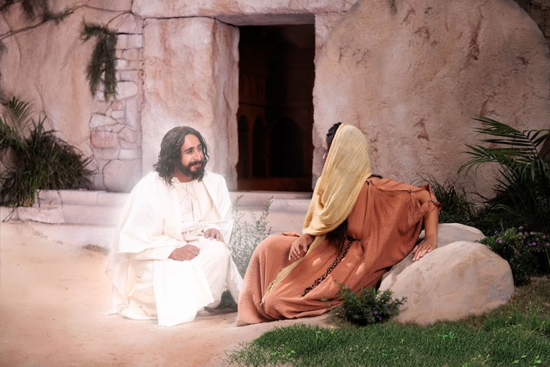 Jesus Christ speaks to Mary Magdalene outside the Garden Tomb.