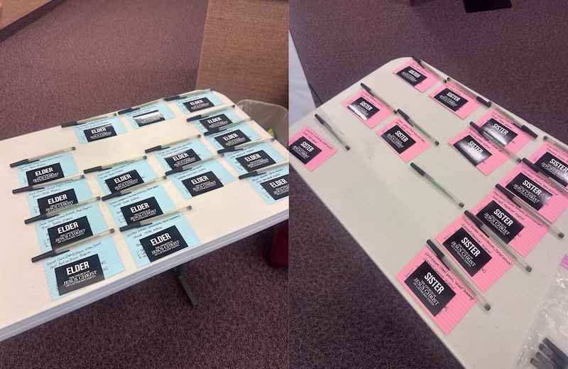 Youth name tags line the table at the Brambleton Virginia Stake during MTC Night, Sunday, March 15, 2026, in Brambleton, Virginia.