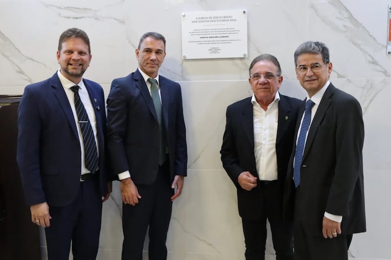 Church leaders and health officials stand by a plaque noting the Church's support for a solar energy project at the Napoleão Laureano Hospital in João Pessoa, Brazil, in July 2026.