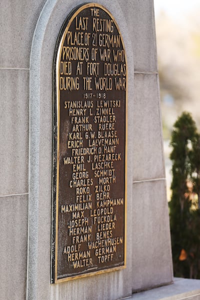 German soldiers’ names are displayed on a monument during the German Day of Remembrance (Volkstrauertag) at Fort Douglas Military Cemetery in Salt Lake City on Sunday, Nov. 18, 2018.