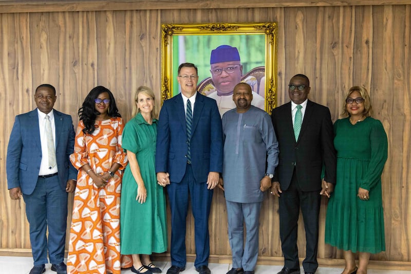 Left to right: Elder Kenneth Pambu, an Area Seventy from Sierra Leone; Haja Ramatulai Wurie, Sierra Leone's minister of technical and higher education; Sister Christine Gilbert; Elder Clark G. Gilbert of the Quorum of the Twelve Apostles; Vice President Mohamed Juldeh Jalloh of Sierra Leone; Elder Adeyinka A. Ojediran, a General Authority Seventy and president of the Church's Africa West Area, and his wife, Sister Olufunmilayo Ojediran, pose for a photo following their meeting in Freetown, Sierra Leone, on Wednesday, Aug. 26, 2026.