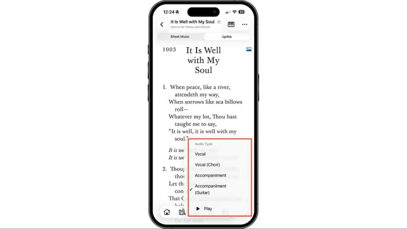 An image of audio type selection for music in the Gospel Library app.