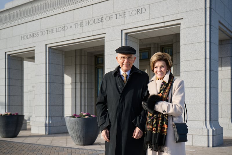 President Dallin H. Oaks and his wife, Sister Kristen M. Oaks, stand outside the Burley Idaho Temple.
