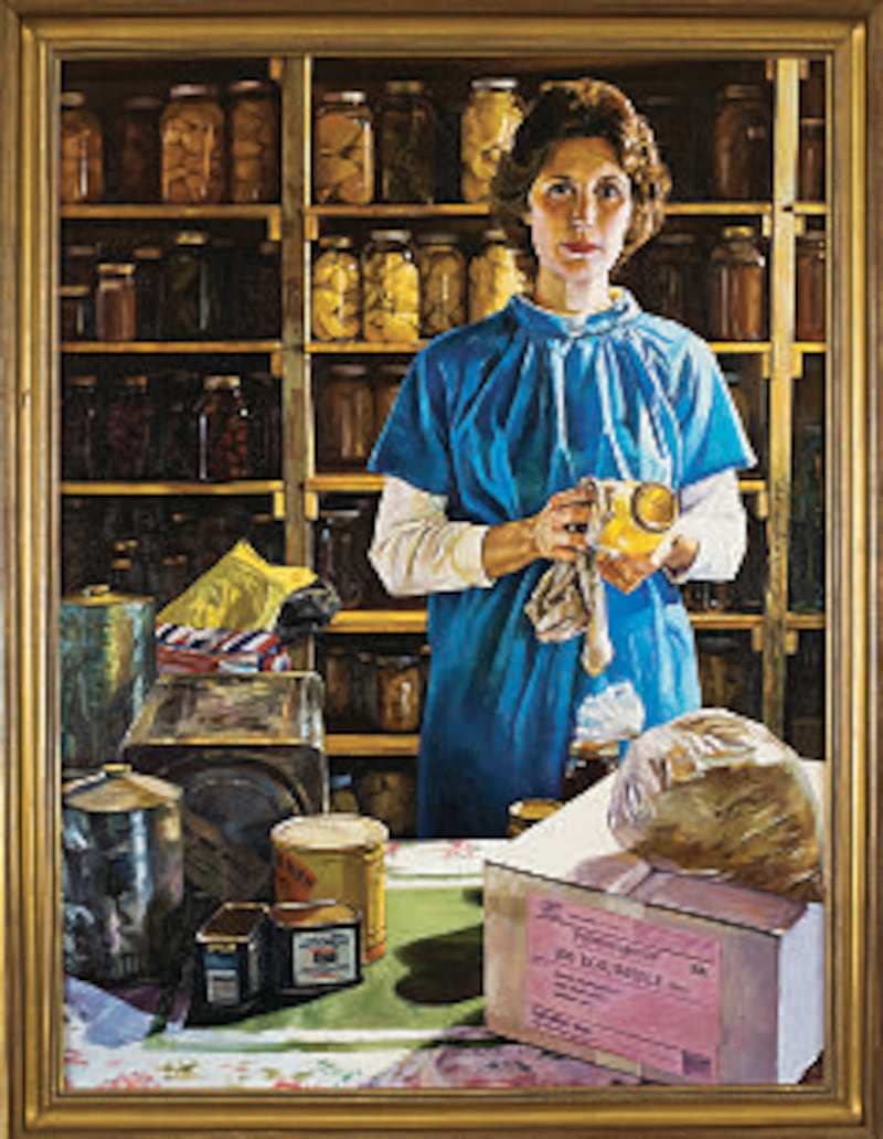 The painting, "Woman With Food Storage," by Judith A. Mehr hangs on the wall of Sister Julie B. Beck