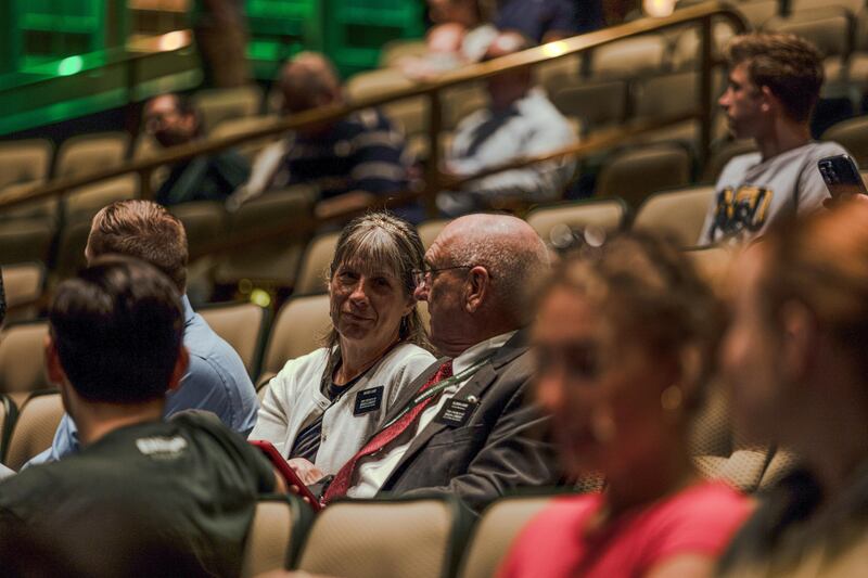 Audience members listen as President Bruce C. Kusch and Sister Alynda Kusch deliver Ensign College's first devotional of the semester in Salt Lake City, Sept. 9, 2025.