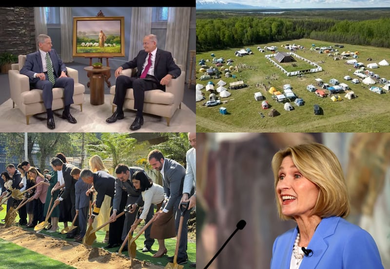Clockwise from top left: Elder David A. Bednar and Elder Patrick Kearon of the Quorum of the Twelve Apostles speak in a video titled “The Sabbath and Sacrament Meeting” designed to be watched in wards and branches on Sunday, Sept. 6; 300 youth and another 100 leaders pitch their tents towards the life-size tabernacle replica in the Eagle River Alaska Stake during the youth "Camp Hesed," June 9-13; Relief Society President Camille N. Johnson speaks during a press conference to announce a $65 million investment in the well-being of women and children, during a panel discussion at the Church Office Building in Salt Lake City on Friday, Aug. 7; local Church and community members break ground for the Santos Brazil Temple on Saturday, Aug. 1, in Santos, Brazil.