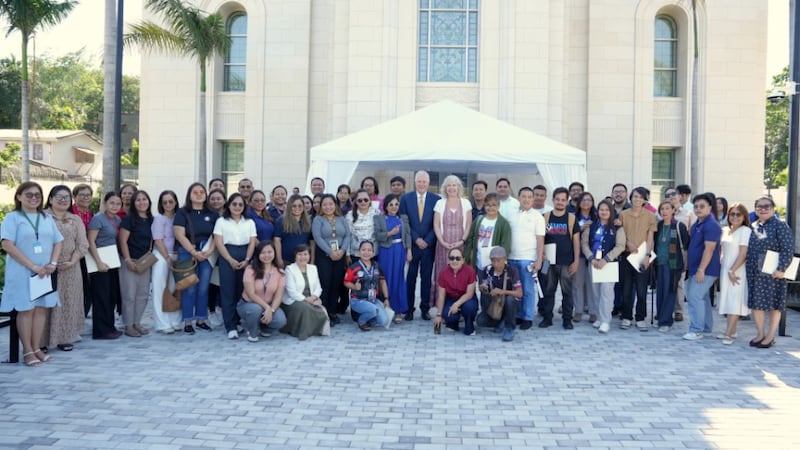 Members of the Mindanao media, Church leaders and temple volunteers pose right after touring the Davao Philippines Temple on its media day on March 23, 2026.