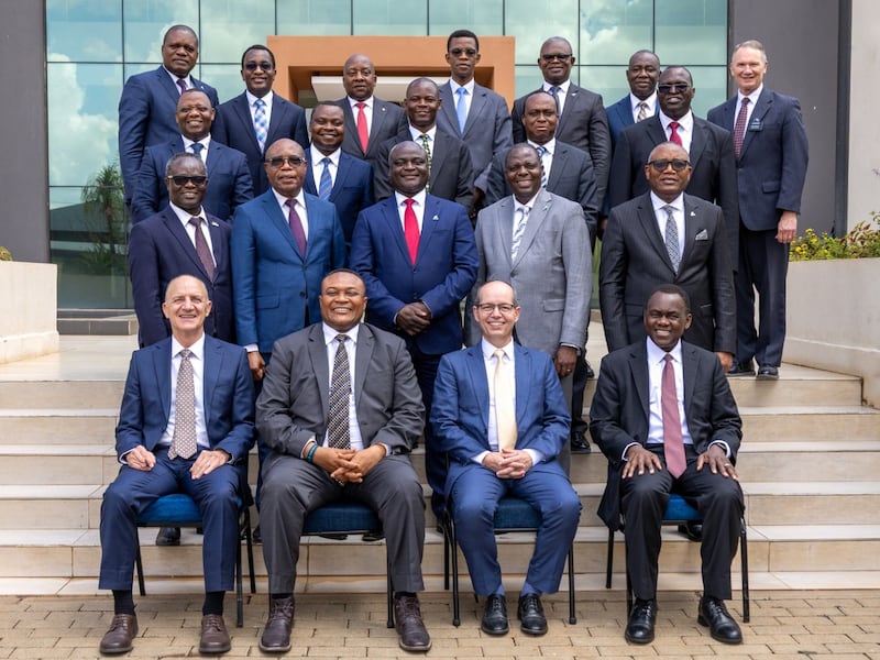 Elder Paul B. Pieper, Elder Thierry K. Mutombo, Elder Christophe G. Giraud-Carrier and Elder Edward Dube take a photo with 17 area leaders in Nairobi, Kenya. 25 April 2026.