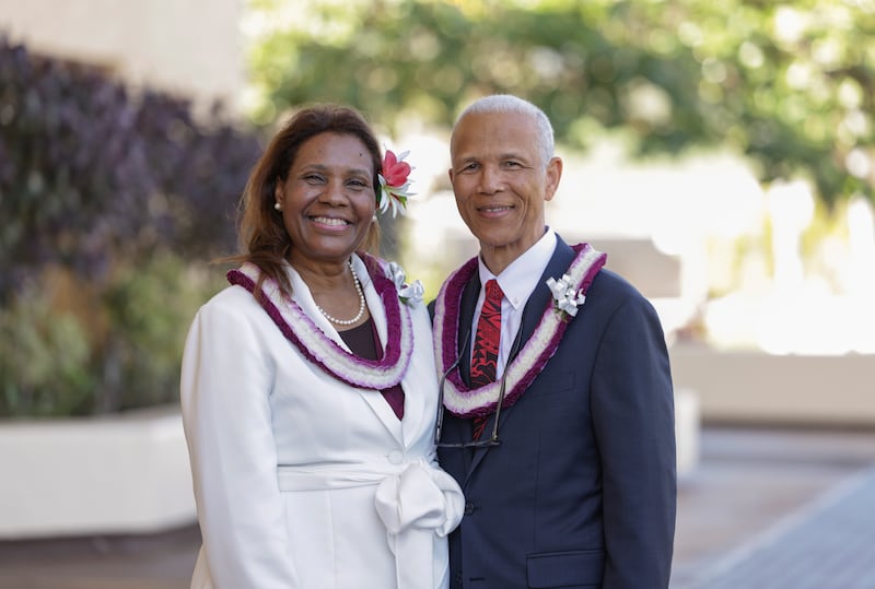 Elder John D. Amos, a General Authority Seventy, and his wife, Sister Michelle Amos, participate in a BYU–Hawaii devotional held in the Cannon Activities Center in Laie, Hawaii, on Tuesday, Feb. 3, 2026.
