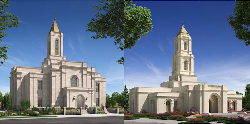 Renderings of the Montpelier Idaho, left, and Cody Wyoming temples.