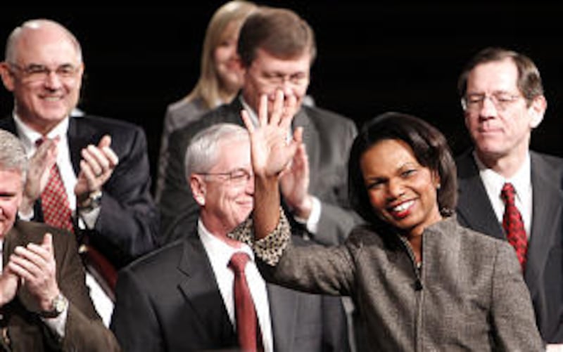 Former Secretary of State Condoleezza Rice acknowledges the audience as she is introduced at the Mar