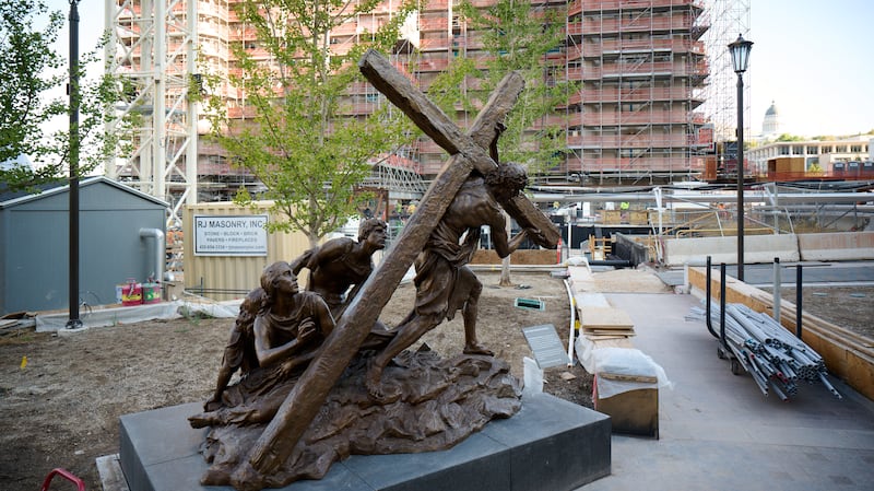 The “Jesus Christ Carrying the Cross” statue, created by Michael Hall, stands newly installed just south of the Salt Lake Temple on Wednesday, Sept. 17, 2025.