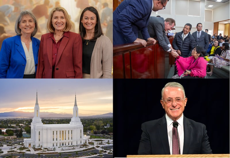 Clockwise from top left: Relief Society General President Camille N. Johnson, center, stands with her counselors, Sister J. Anette Dennis, left, and Sister Kristin M. Yee, in the Conference Center in Salt Lake City. The Relief Society worldwide devotional is available Sunday, March 8, 2026; Elder Gary E. Stevenson of the Quorum of the Twelve Apostles reaches down to shake the hand of a sister in a wheelchair and greet other attendees after a stake conference meeting in the Mexico City Arbolillo Stake in February 2026; Elder Ulisses Soares of the Quorum of the Twelve Apostles smiles during a devotional at the Provo Missionary Training Center in Provo, Utah, on Tuesday, March 10, 2026; The exterior of the Lindon Utah Temple.