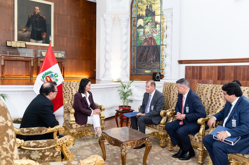 Elder Gary E. Stevenson of the Quorum of the Twelve Apostles of The Church of Jesus Christ of Latter-day Saints speaks with Peru President Keiko Fujimori Higuchi, as part of a ministry in the South American country on Thursday, Aug. 27, 2026, at the Government Palace in Lima, Peru. Elder Stevenson was accompanied by Elder Juan Pablo Villar, a General Authority Seventy and president of the South America Northwest Area, and Guillermo Estrugo, area communications and publications director.