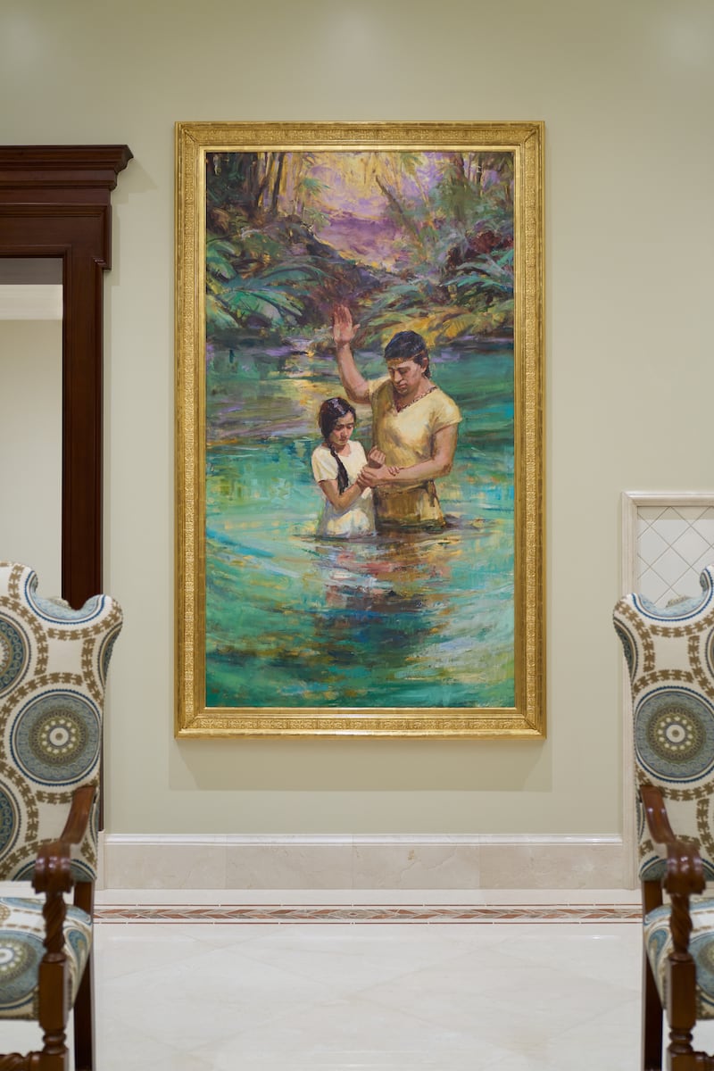 A painting of a baptism hangs inside the Managua Nicaragua Temple.