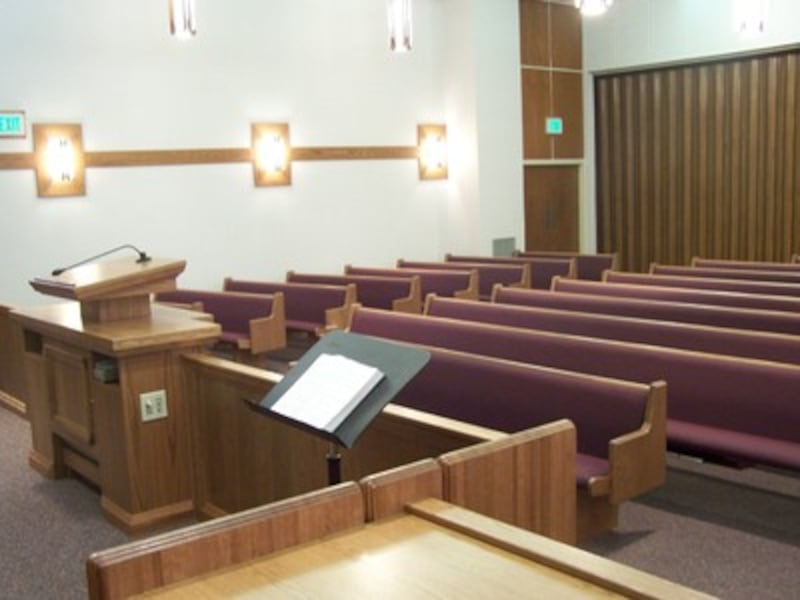 This is the newly refurbished Latter-day Saint chapel at 2100 Hollywood Drive. Maroon carpeting on