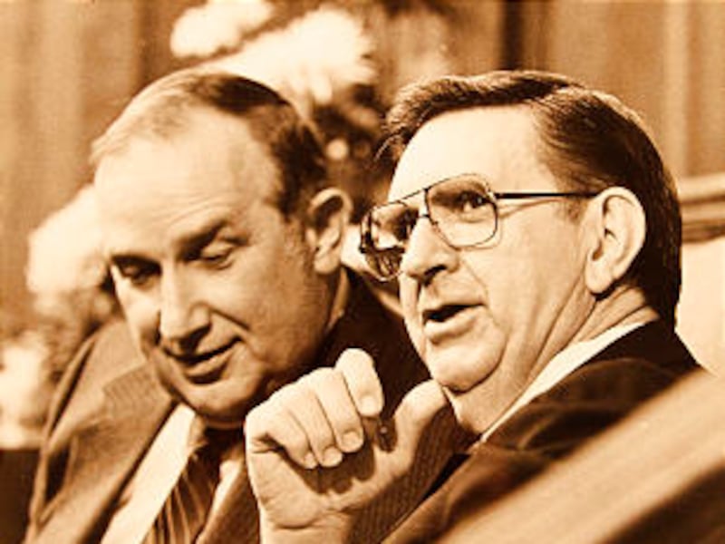 In this file photo, Elder Richard G. Scott of the Quorum of the Twelve Apostles speaks with Elder Marion D. Hanks on Oct. 14, 1984.