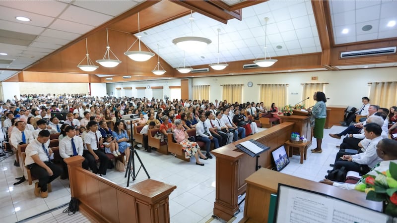 President Rosemary K. Chibota speaks to more than 800 Latter-day Saints gathered for a devotional in Tacloban City, Philippines, Sept. 19, 2026.