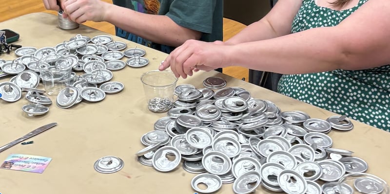 Members of the Norman Oklahoma Stake pop tabs off of aluminum cans for the Sewing Hope Foundation in Uganda during a service event on March 8, 2026.
