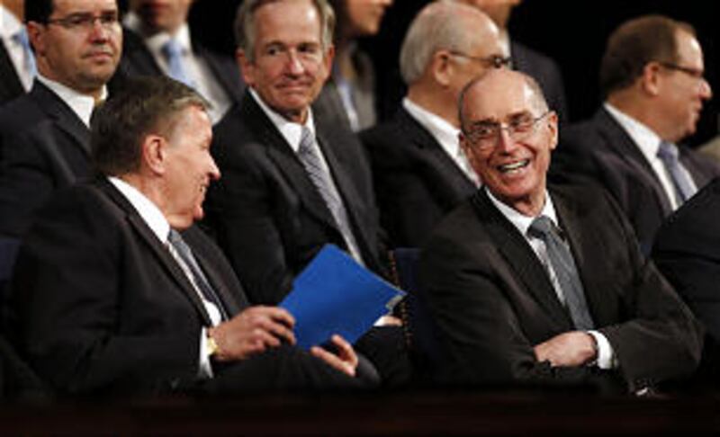President Cecil O. Samuelson, left, of BYU smiles with President Henry B. Eyring, first counselor in
