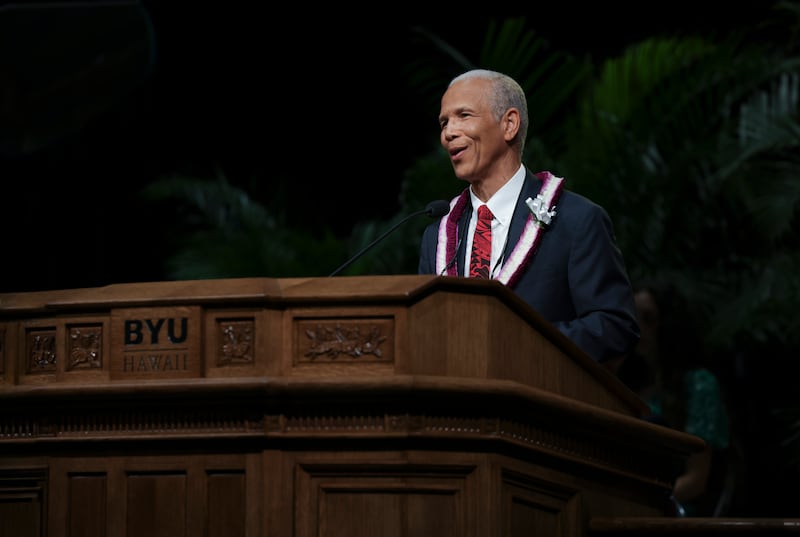 Elder John D. Amos speaks during a BYU–Hawaii devotional held in the Cannon Activities Center in Laie, Hawaii, on Tuesday, Feb. 3, 2026.