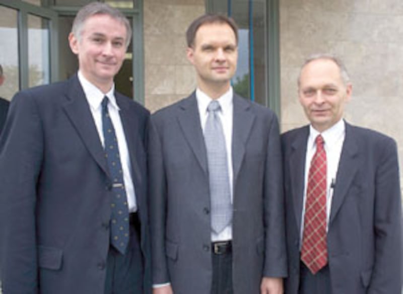 The new stake presidency from left, are Vilmos Westsik, first counselor, Gabor Klinger; president; a