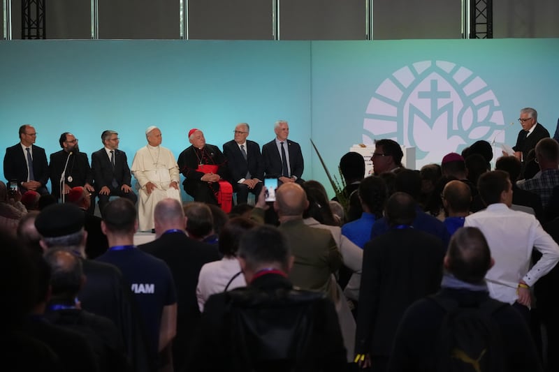 From left, Christian Krieger, president of the Protestant Federation of France, Bishop Dimitrios (Ploumis), the Greek Orthodox Metropolitan of France, Haïm Korsia, Chief Rabbi of France, Pope Leo XIV, President of the French Bishops' Conference, Cardinal Jean-Marc Aveline, Chems-eddine Hafiz, rector of the Grand Mosque of Paris, and Anthony Boussemart, representing French Buddhists, attend an interreligious meeting at the Robert Schuman Convention Centre, Monday, Sept. 28, 2026, in Metz, France.