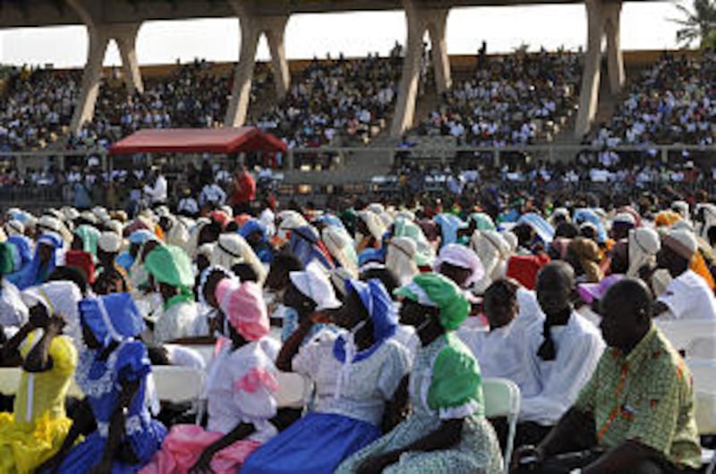 A large audience in Accra, Ghana, watches youth perform during the production on Aug. 28.
