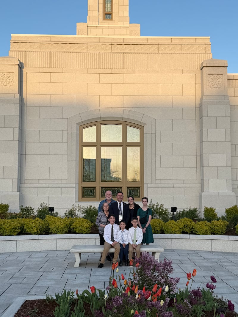 The Randall family of the Springfield Oregon Stake stands in front of the Willamette Valley Oregon Temple.