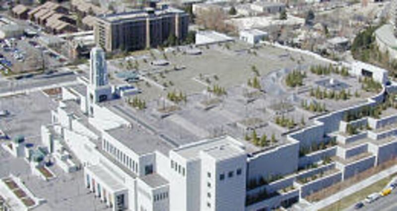 The roof of the Conference Center, as seen from the 26th floor of the Church Office Building, is a f