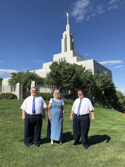 Standing in front of the Draper Utah Temple, Daniel Sorensen, Kris Sorensen and Matthew Sorensen pose for a picture together following their temple service June 26, 2021.