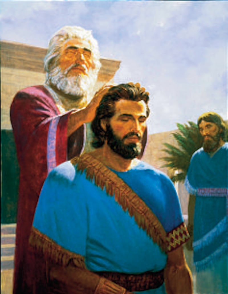 Melchizedek ordains Abraham in this Gary L. Kapp painting found in the Old Testament DVDs set.