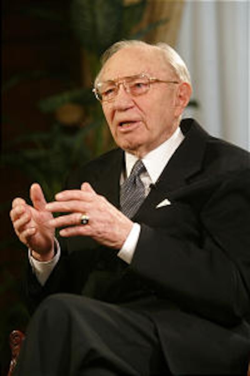 LDS Church President Gordon B. Hinckley speaks during an interview Tuesday, Feb 26, 2002 at the chur