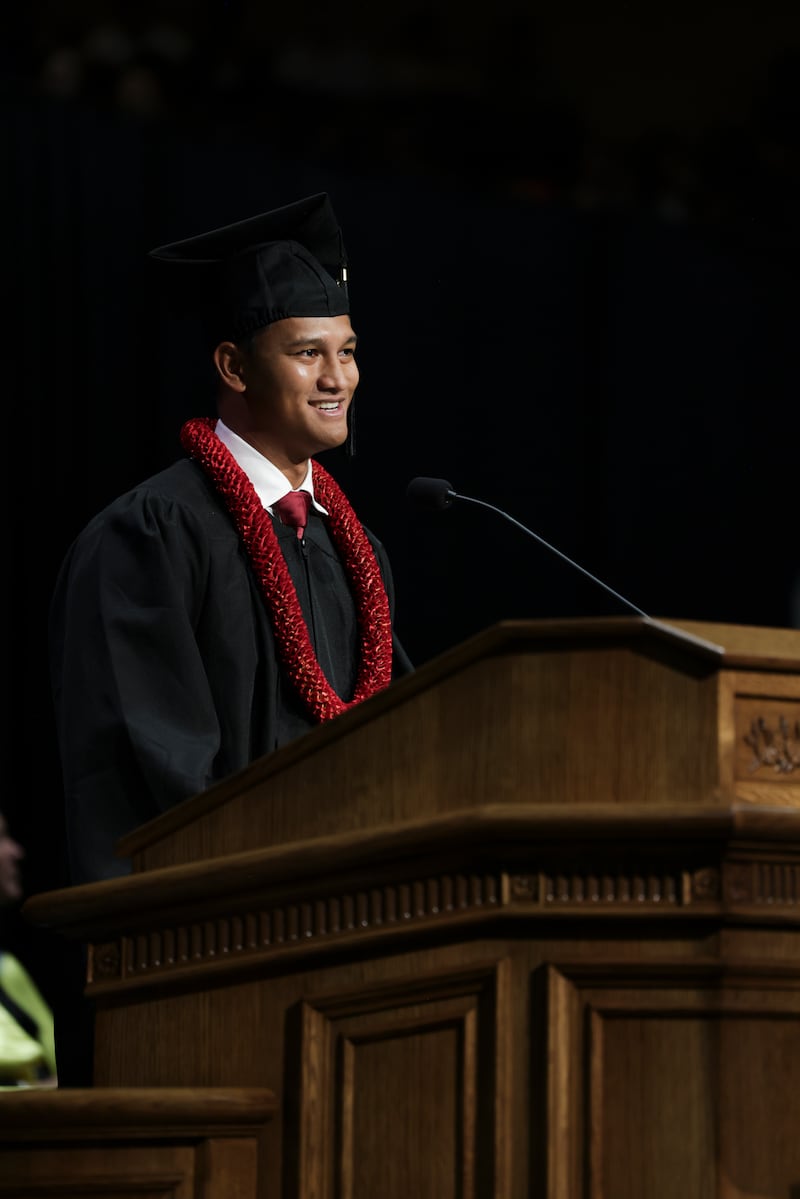 Timothy Putra Samad, a graduate from Indonesia, speaks during BYU–Hawaii's winter 2026 commencement on Friday, April 17, 2026, in Laie, Hawaii.