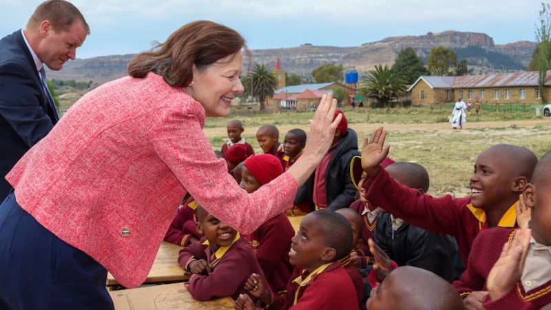 Primary General President Susan H. Porter gives a high five to a child at the St. Louis Primary School near Maseru, Lesotho, on Friday, Sept. 5, 2025.