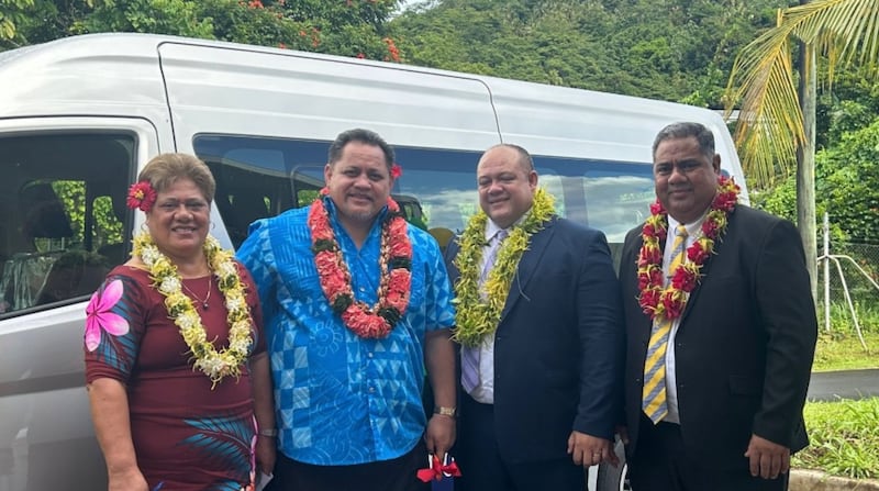 From left: June Scanlan Lui, Director General and CEO of the Samoa Ministry of Health; Associate Minister of Health Motuopua’a Seve Henney Henry Papali’i; and Elder H. Jason Joseph and Elder Denny Fa’alogo; both Area Seventies of The Church of Jesus Christ of Latter-day Saints, pause for a photo at a handover event at Tupua Tamasese Meaole Hospital in Apia, Samoa, April 21, 2026.