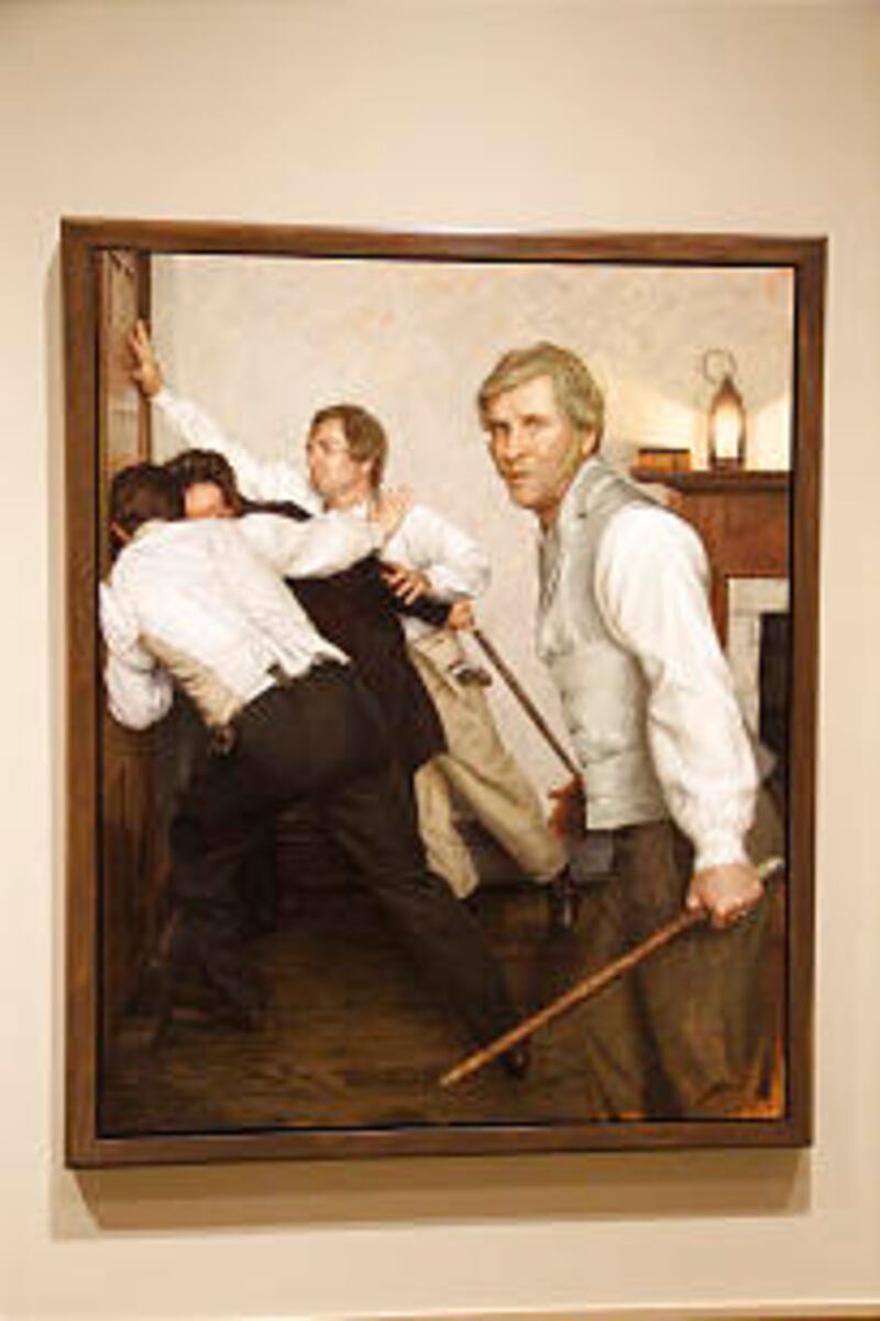 "Greater Love Hath No Man" by Casey Childs depicts martyrdom of Joseph and Hyrum Smith with John Tay